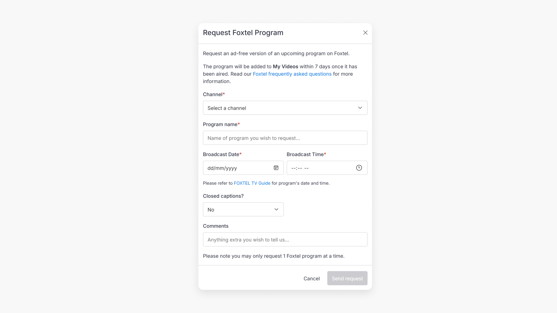 Foxtel request programs page hero