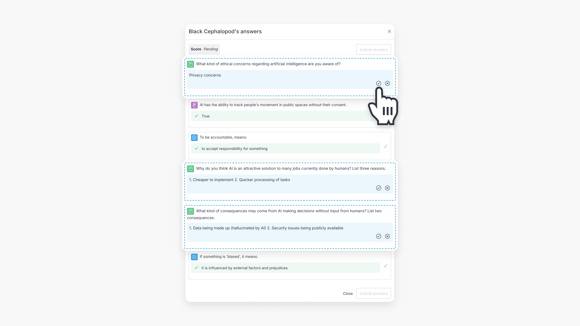 Hand pointing to a check mark enclosed in a circle