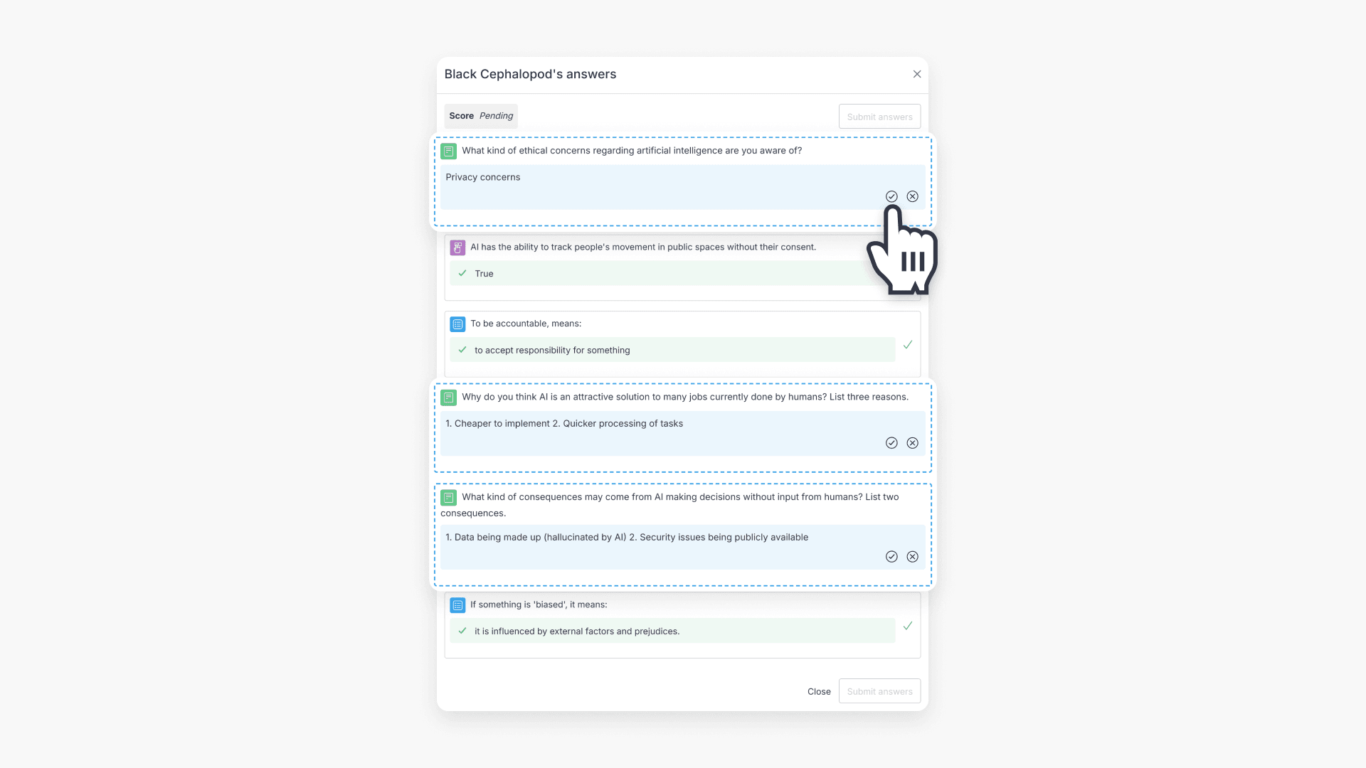Hand pointing to a check mark enclosed in a circle