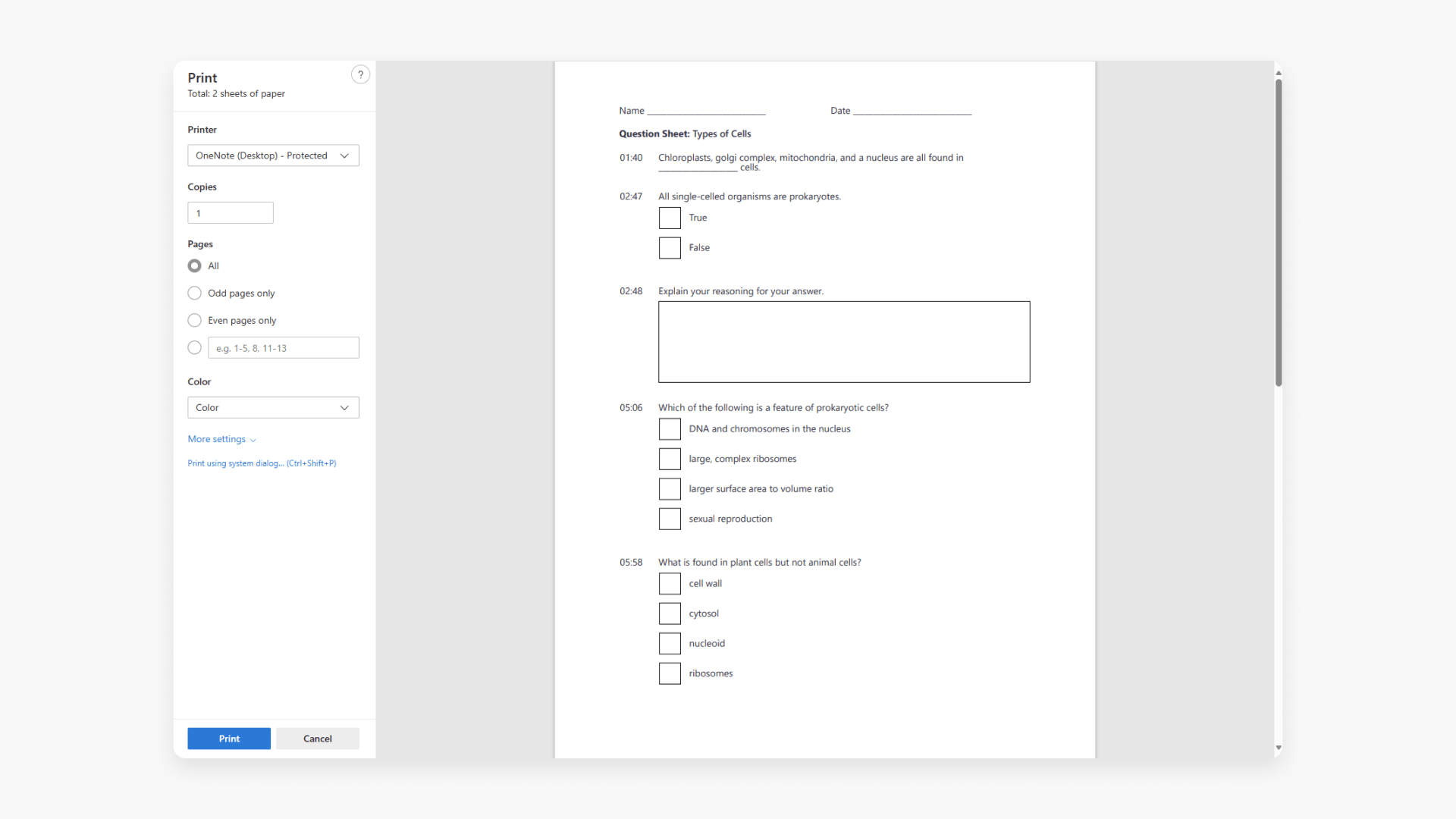 Print view of an exported worksheet