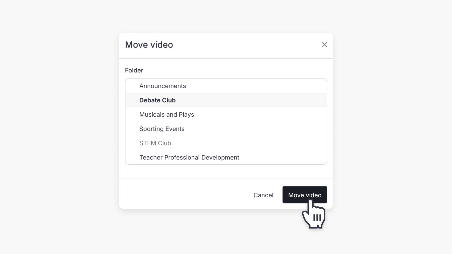Hand pointing to 'Move video' button in 'Move video' pop-up window