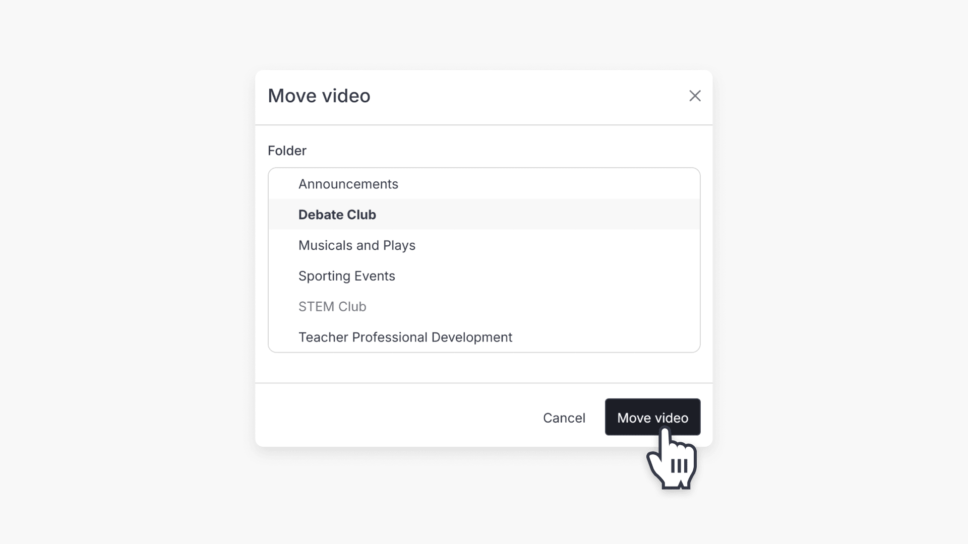 Hand pointing to 'Move video' button in 'Move video' pop-up window
