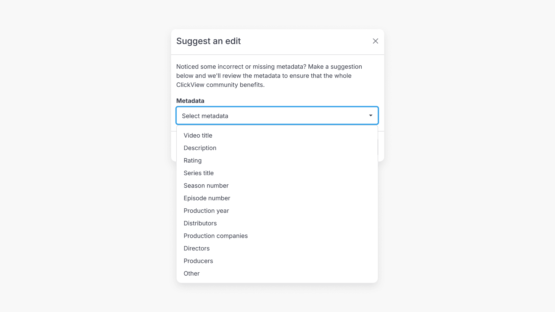Window showing the options under the 'Metadata' field of 'Suggest an edit' pop-up window