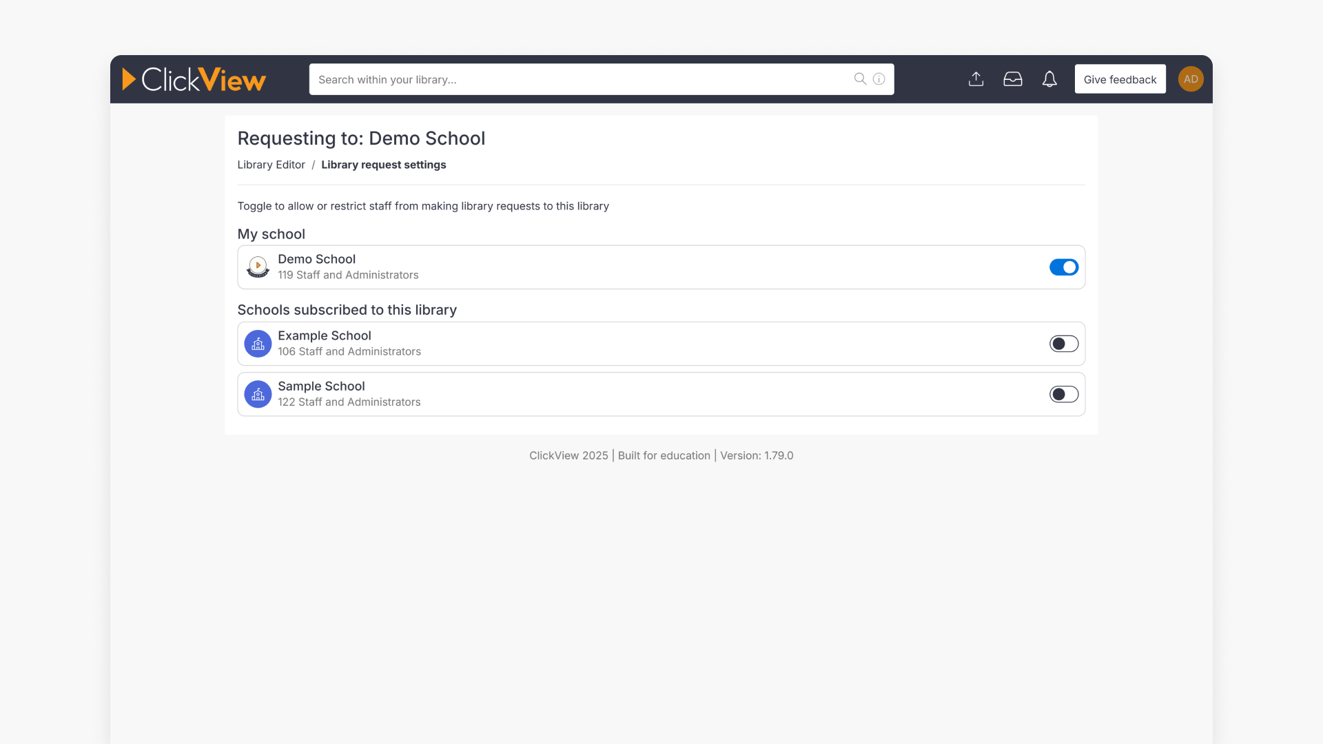 ClickView Library request settings page
