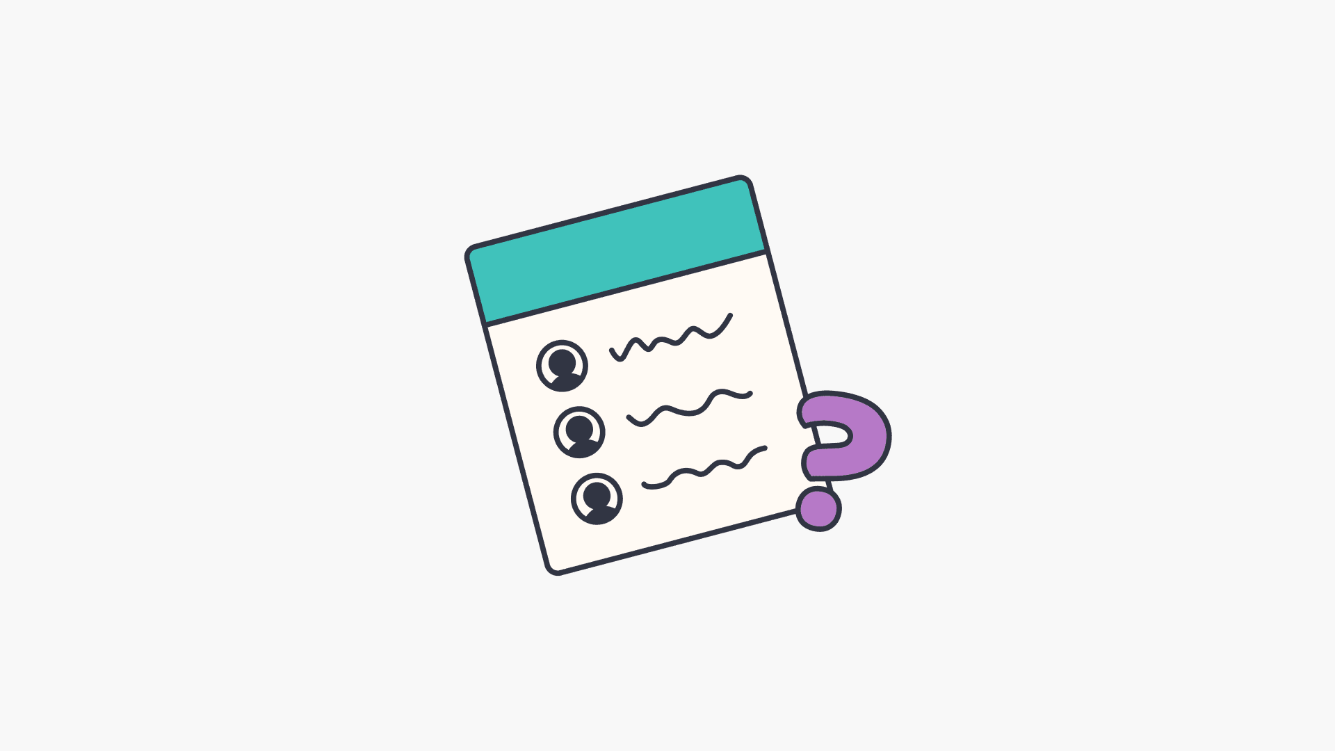 Illustration of a note pad with scribbles, face icons and a purple question mark