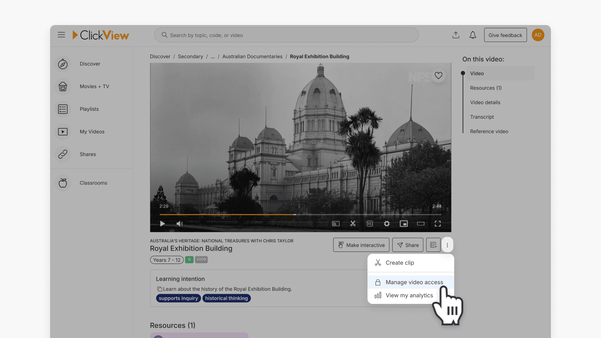 Manage video access drop down
