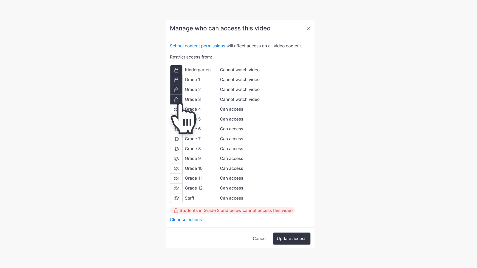 Select Grades that can access videos Hero