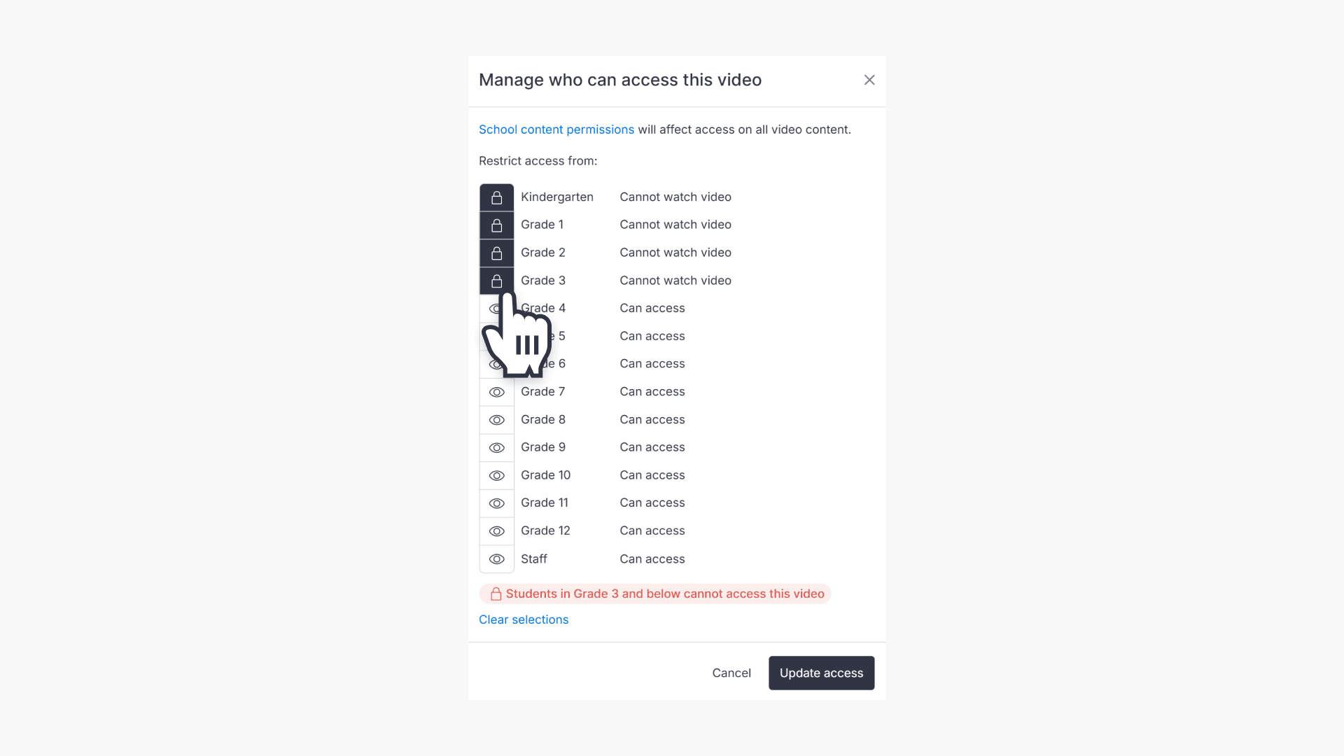 Select Grades that can access videos Hero