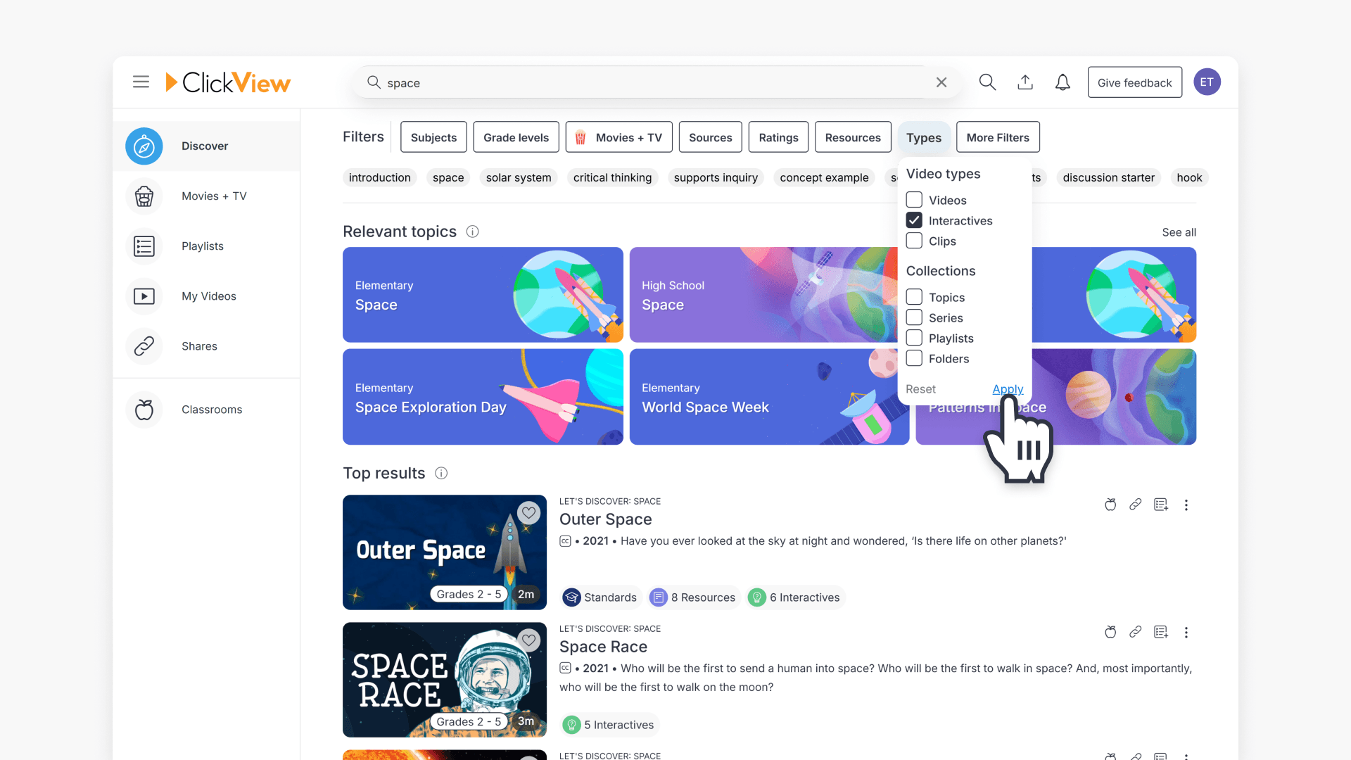 Hand pointing to 'Apply' hyperlink in the 'Types' filter of search result page