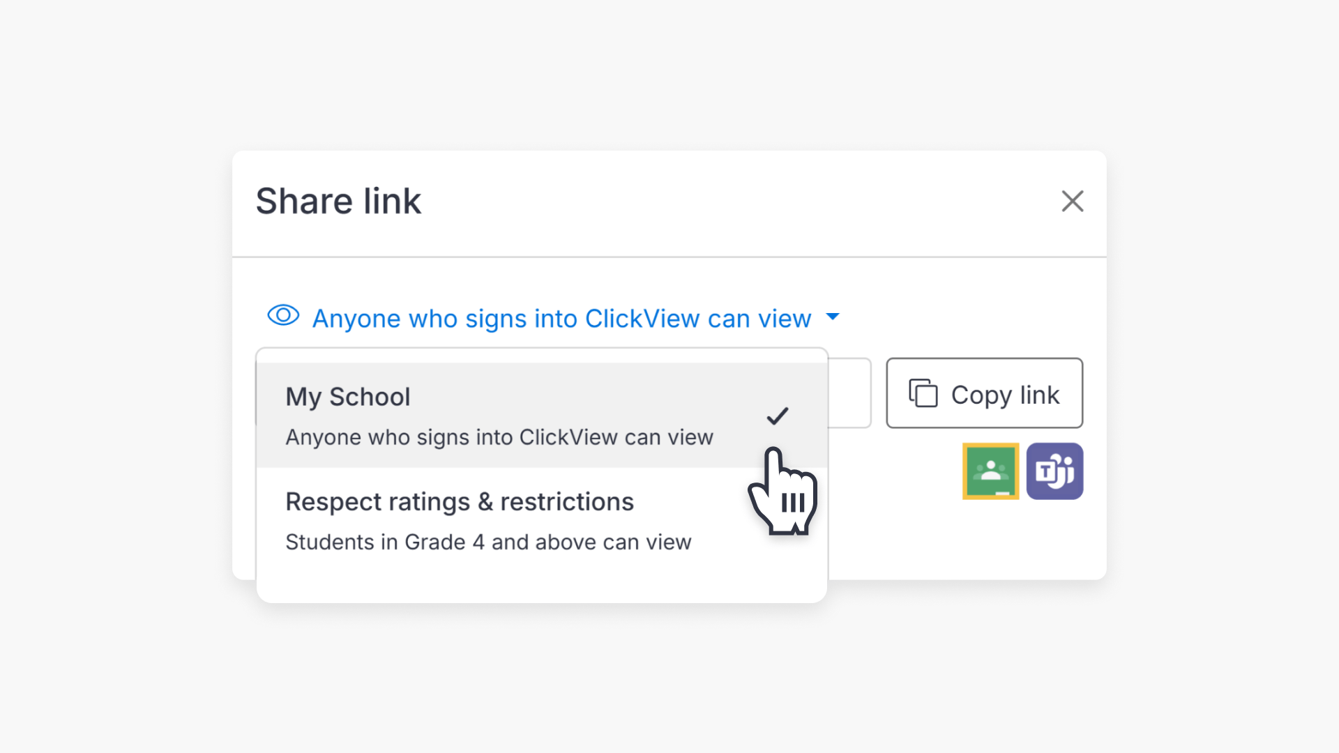 Cursor hovering over Sharing Link to My School