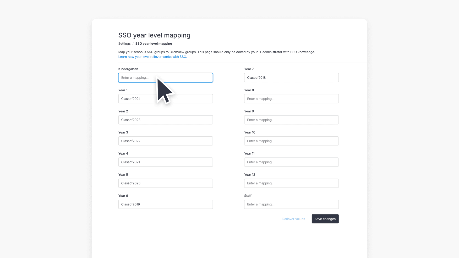 Cursor over kindergarten slot