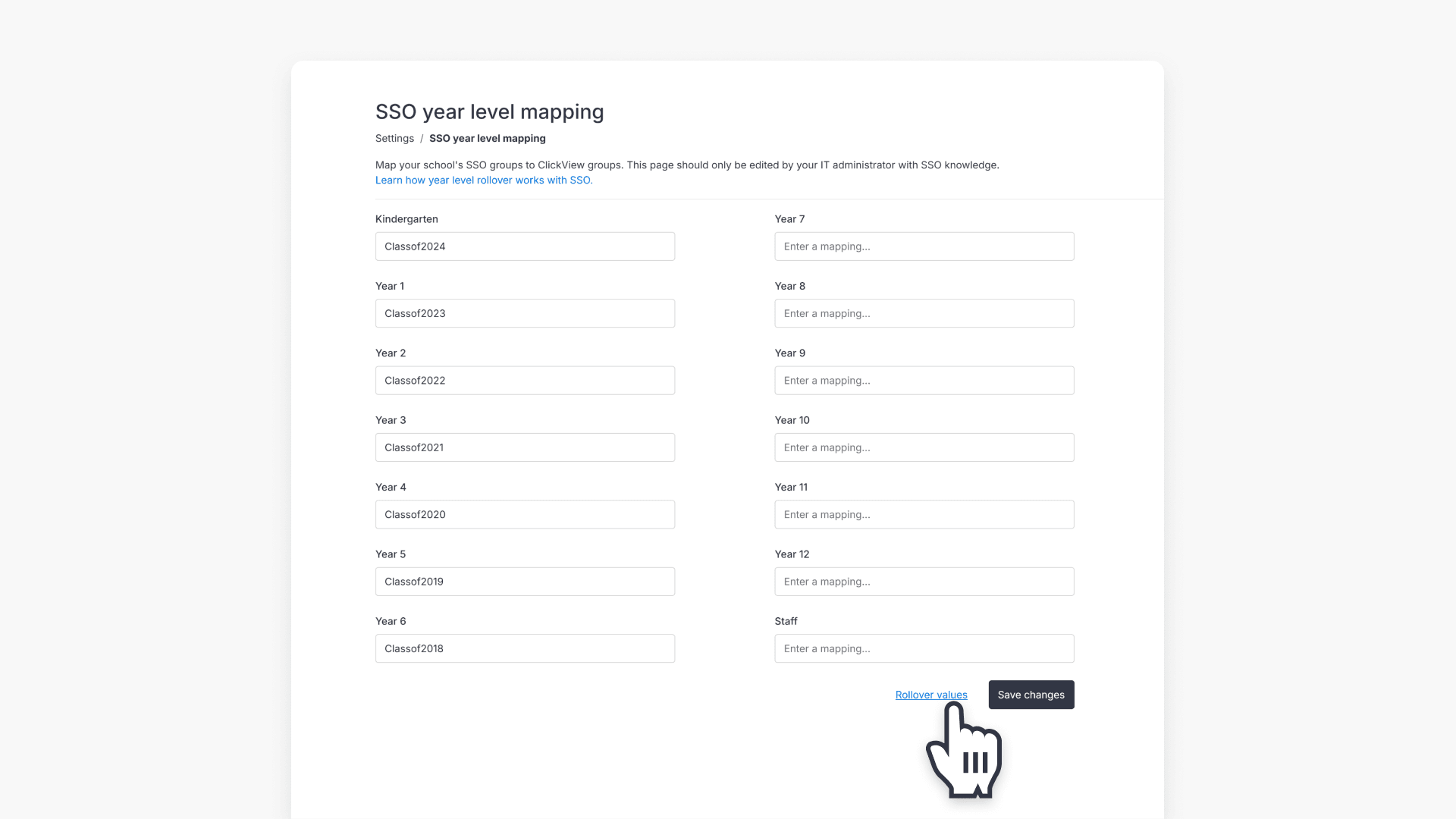 Cursor pointing at the rollover values link hero