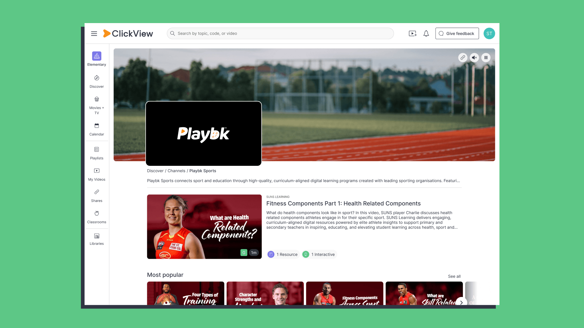 Screenshot of the Playbk Sports channel on ClickView, showing featured sports education videos, learning resources and a curriculum-aligned content library for teachers.