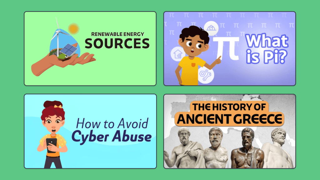 A selection of Smile and Learn videos on ClickView covering topics including renewable energy, pi, cyber safety and the history of Ancient Greece.