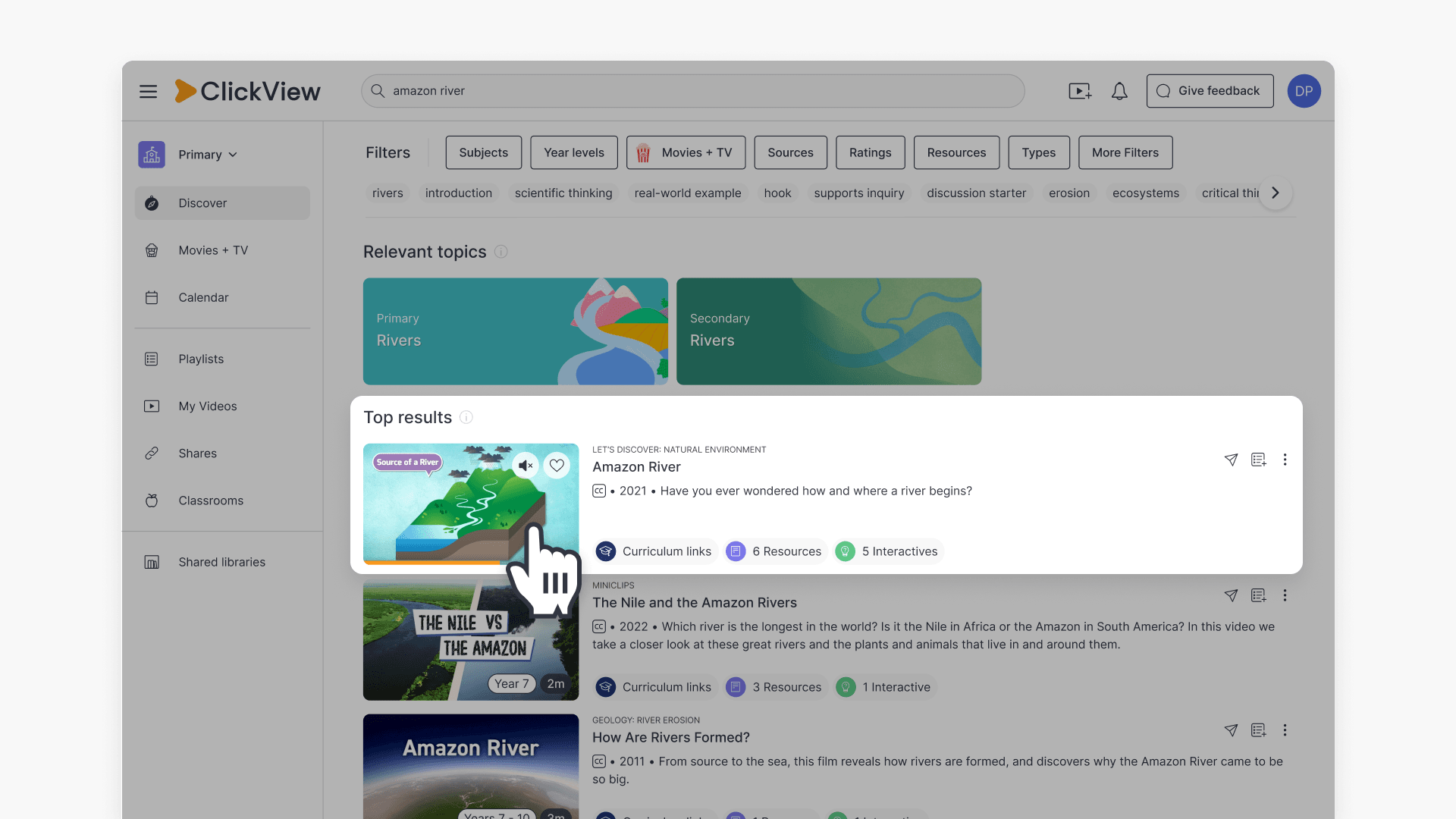 Hover preview in Search results
