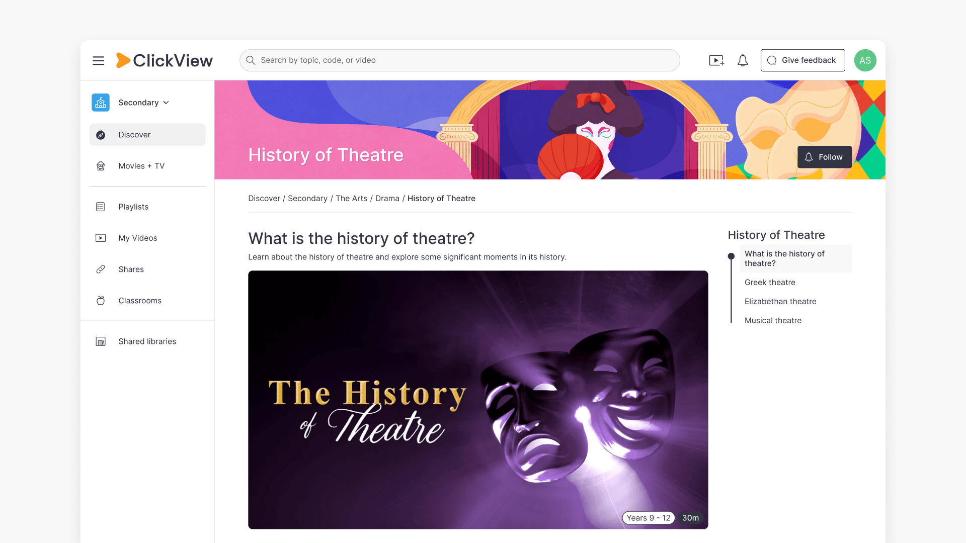 History of theatre topic page