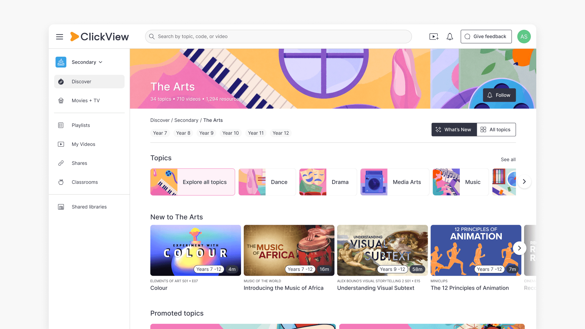 ClickView Arts topic page hero