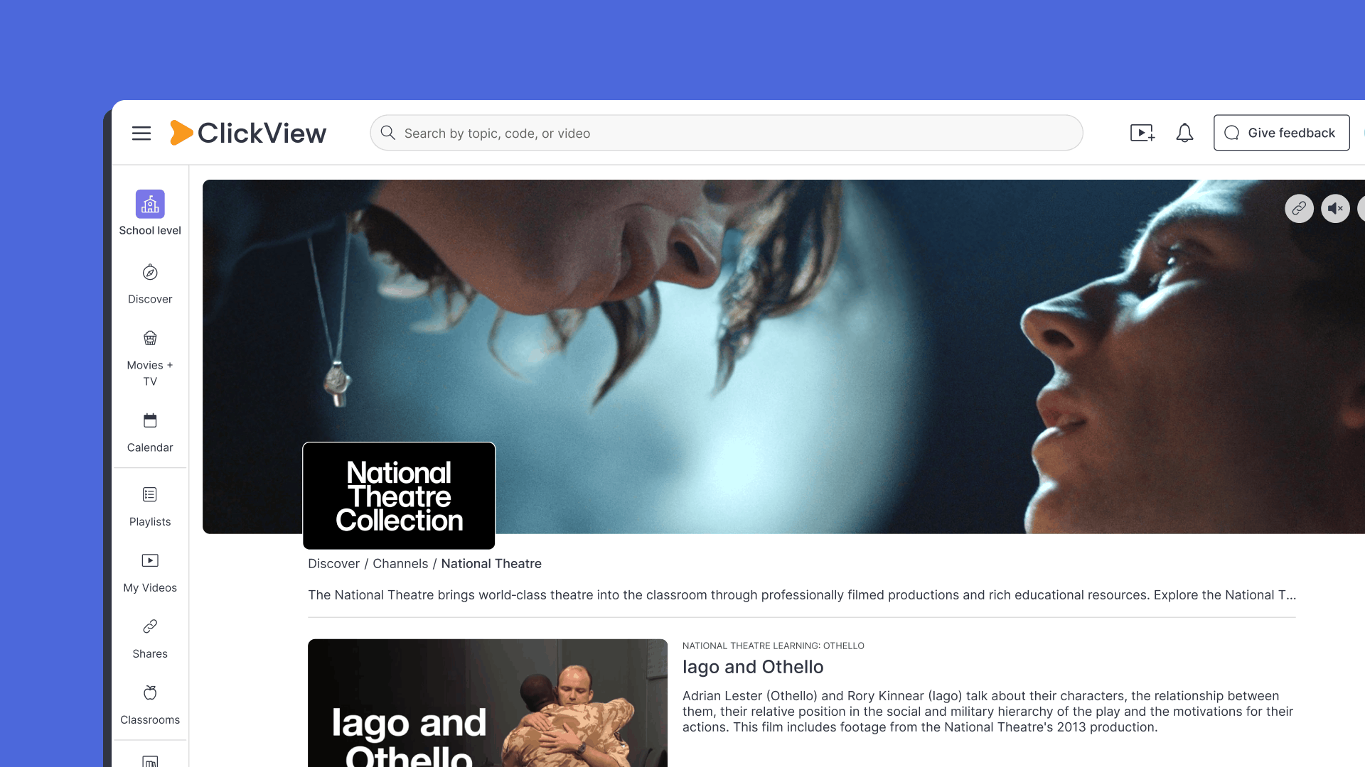 National Theatre Collection page ClickView