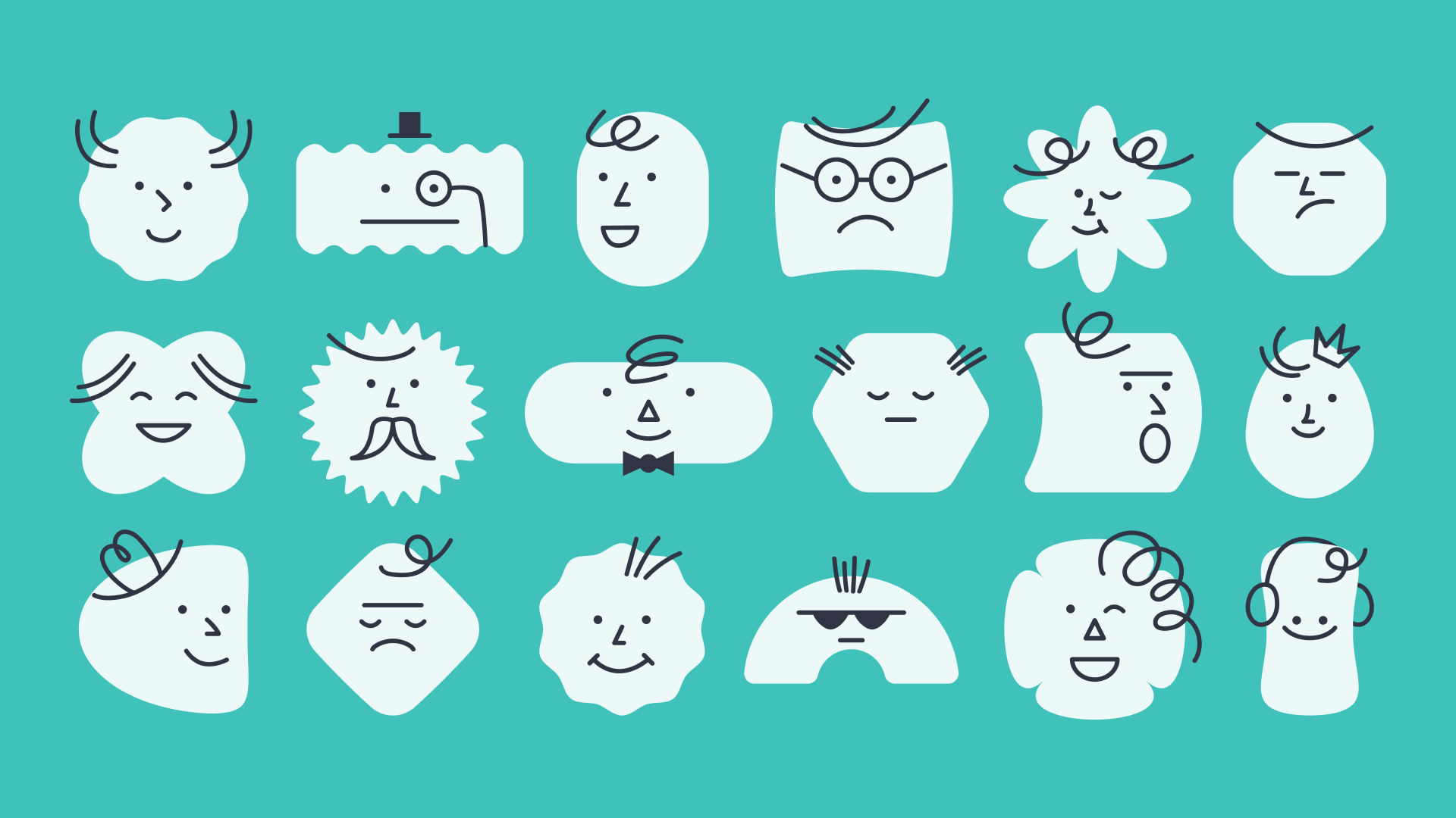 Illustrated faces showing diverse expressions and emotions on a teal background.