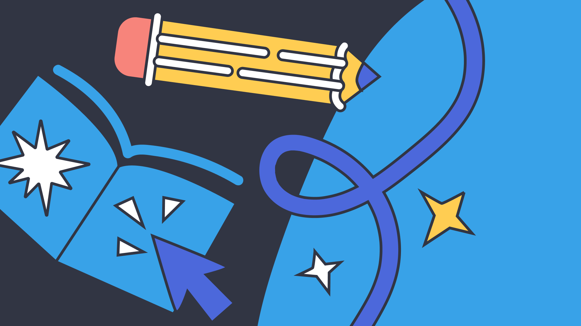 Illustration of a pencil, book, and creative learning elements.