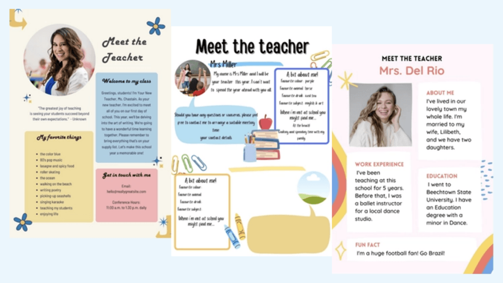Creative 'Meet the Teacher' templates with teacher photos and bios.