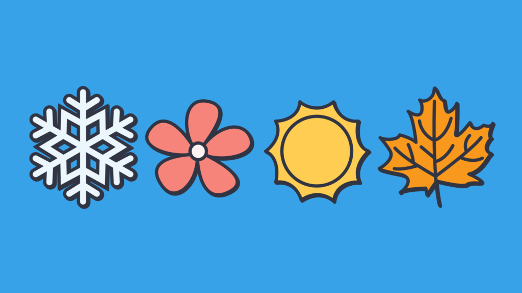Symbols of winter, spring, summer, and autumn on a blue background.