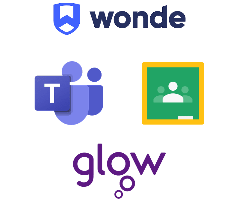 Wonde, Miscrosoft Teams, Google classrooms, Glow logos