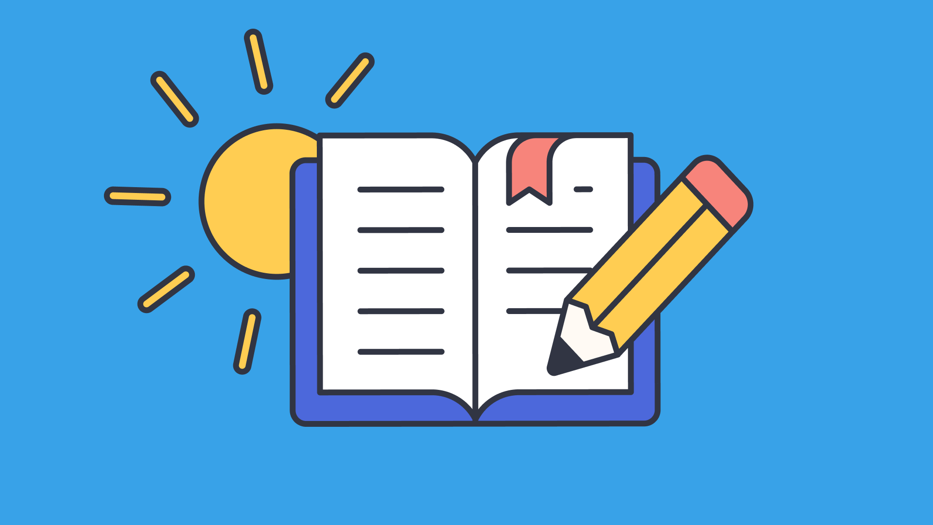 Graphic of a school workbook, pencil with sunshine in the background