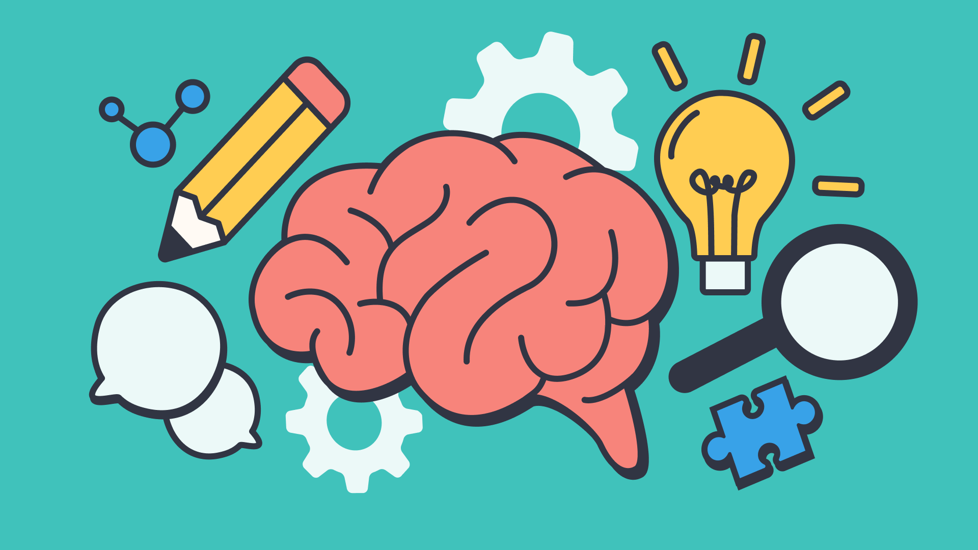A brain surrounded by icons of a pencil, gears, lightbulb, and puzzle piece, symbolizing active learning strategies and critical thinking.