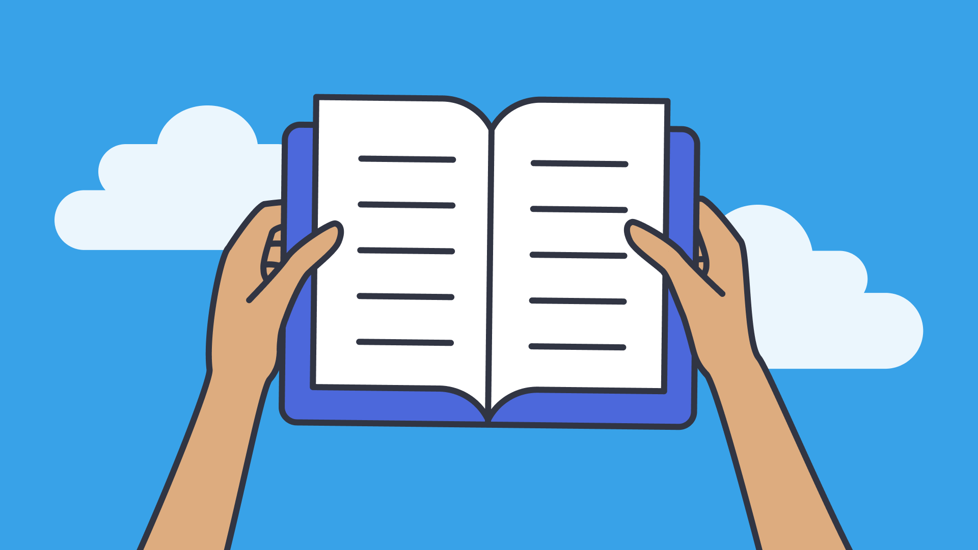 Two hands holding an open book against a blue sky with clouds, symbolizing learning, perspective, and growth.