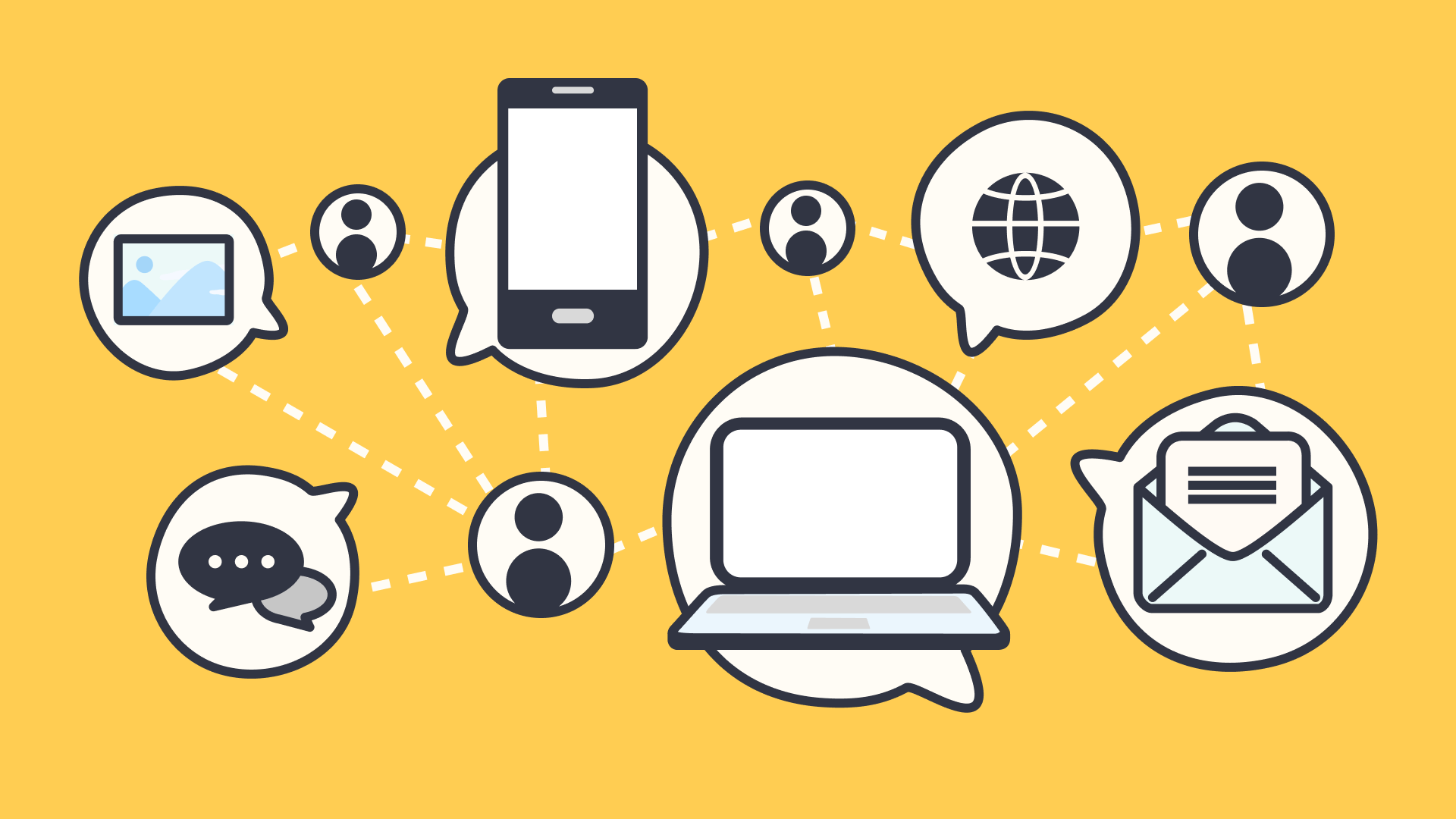 illustration of different communication methods including phones, instant messaging and in person