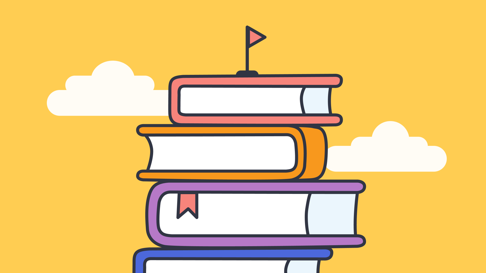 A stack of books with a flag on top symbolizing educational success and progress.