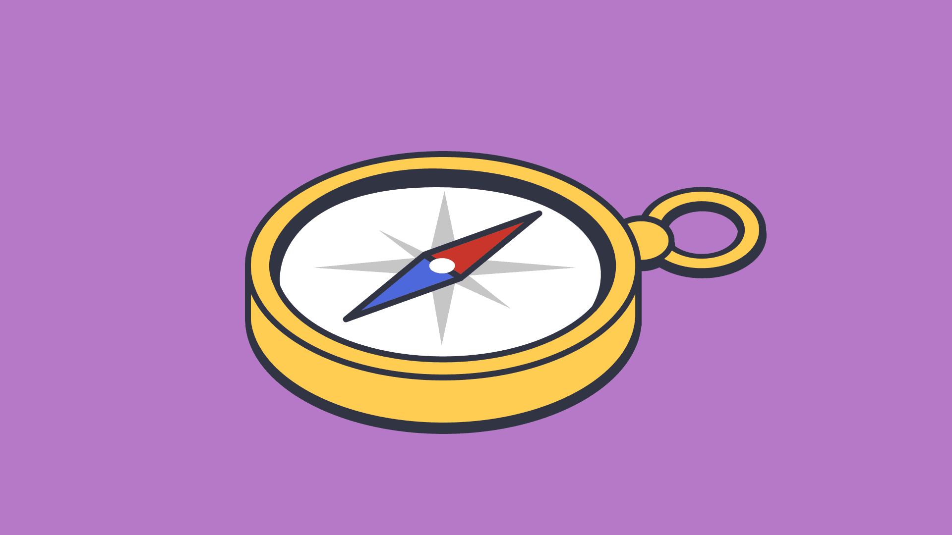 Illustration of a compass with a red, white, and blue directional needle, set against a purple background.