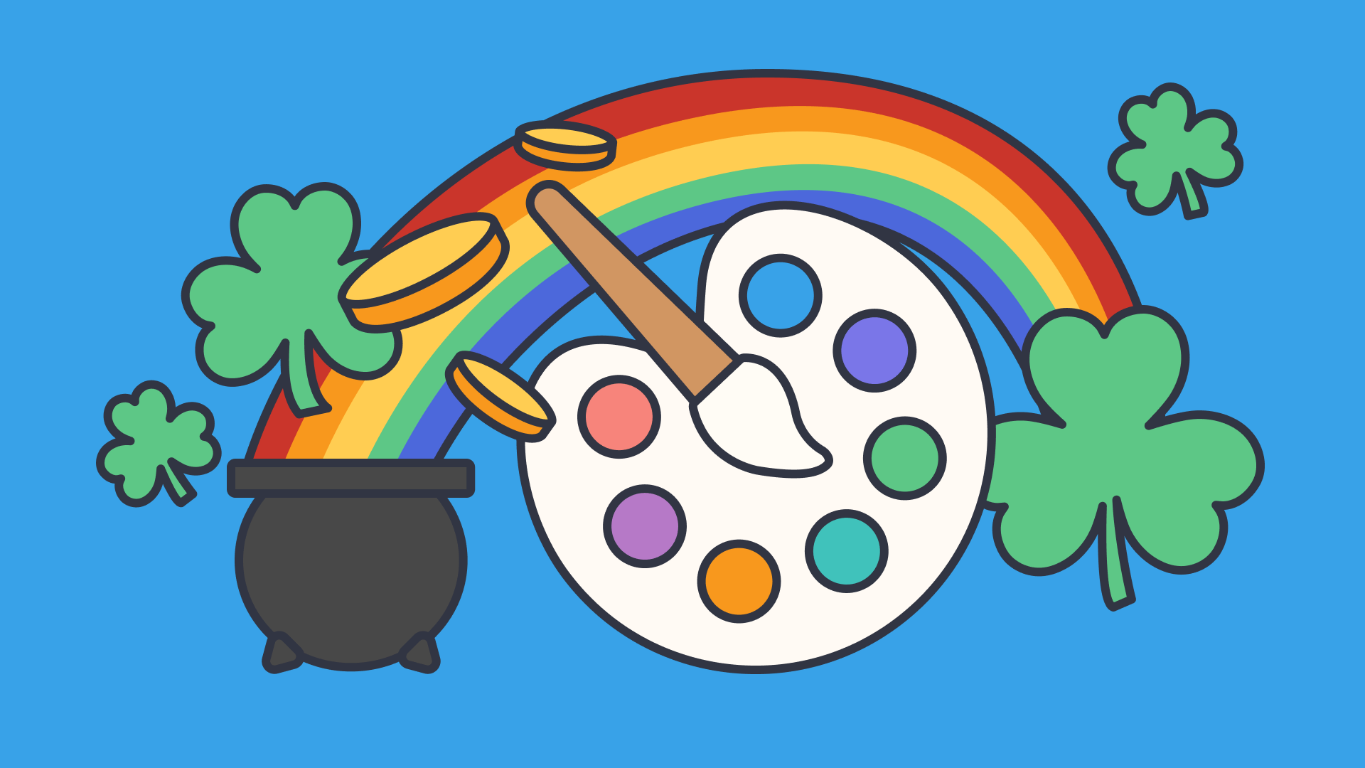 Paint palette, shamrocks, rainbow, and pot of gold for St. Patrick’s Day crafts.