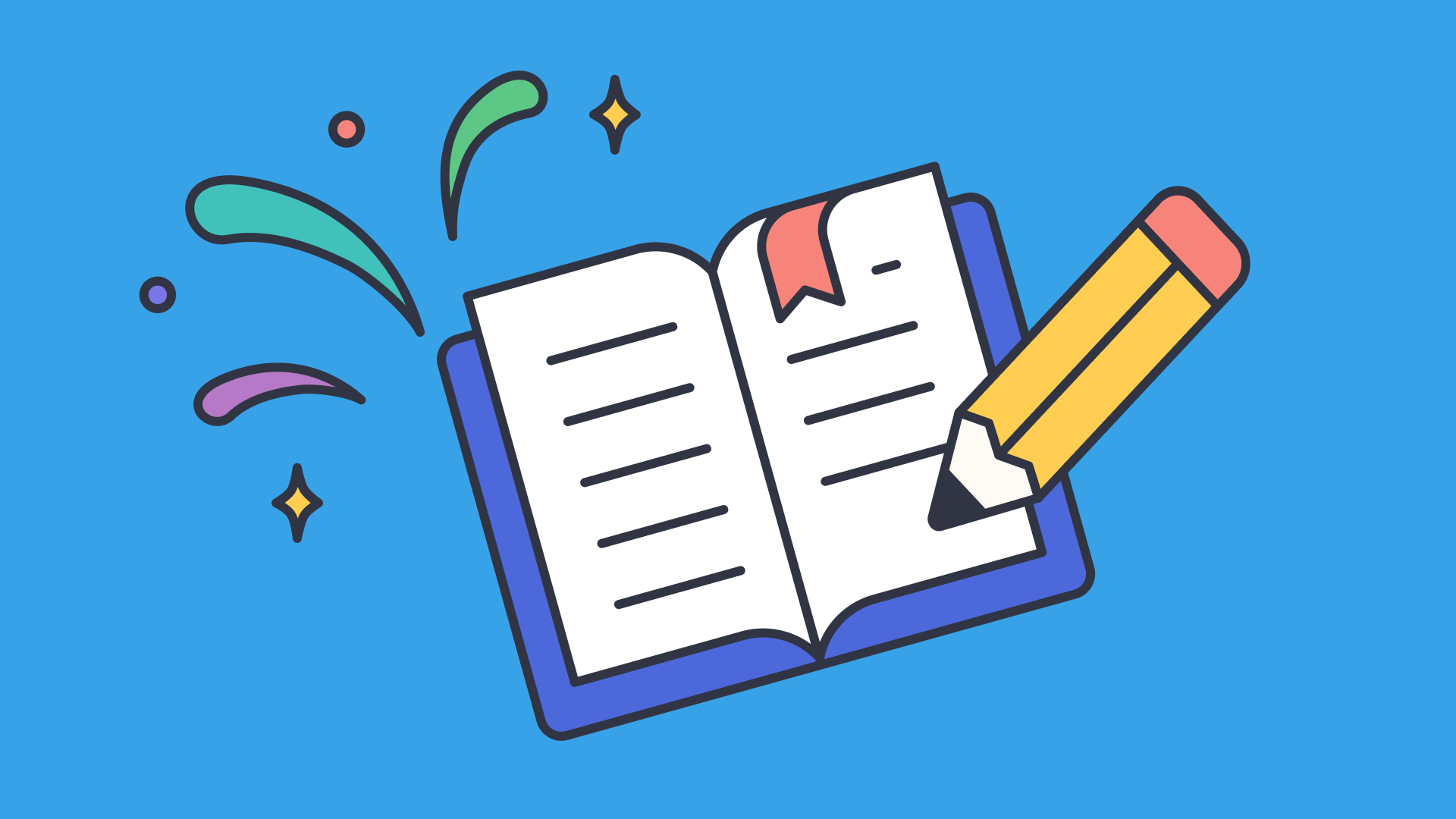 Open book with a pencil and colorful decorations on a blue background.