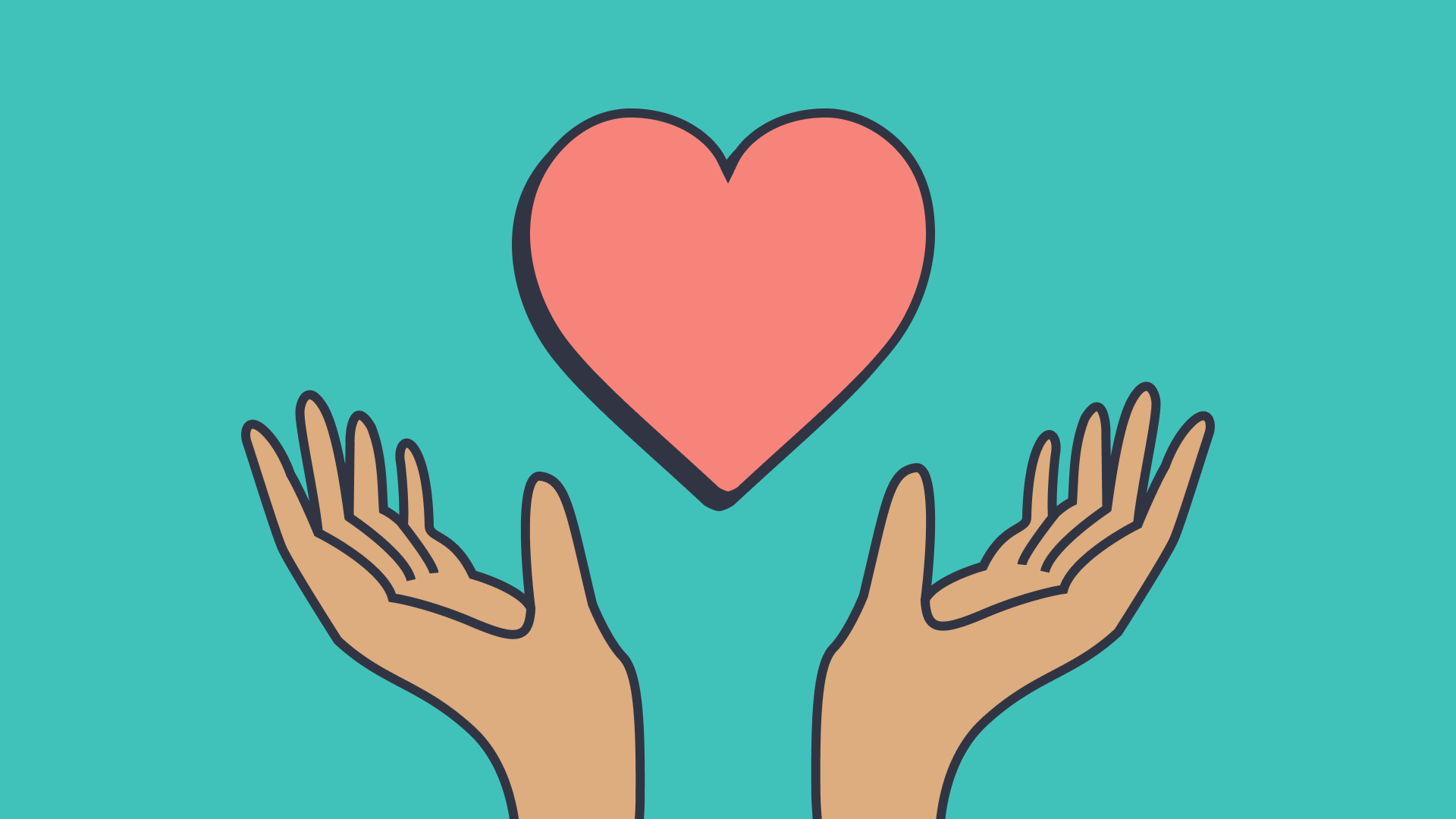 Two hands reaching up toward a pink heart on a turquoise background, symbolizing care and compassion.