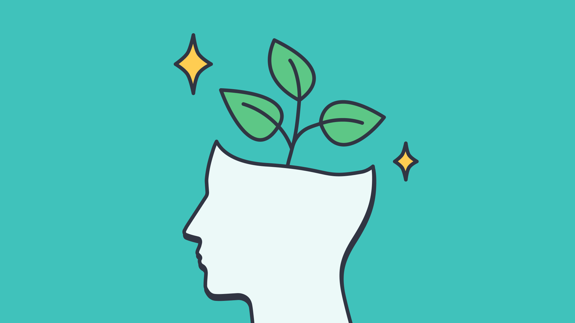 Illustration of a person’s head with plants growing from it, symbolizing growth mindset and personal development.
