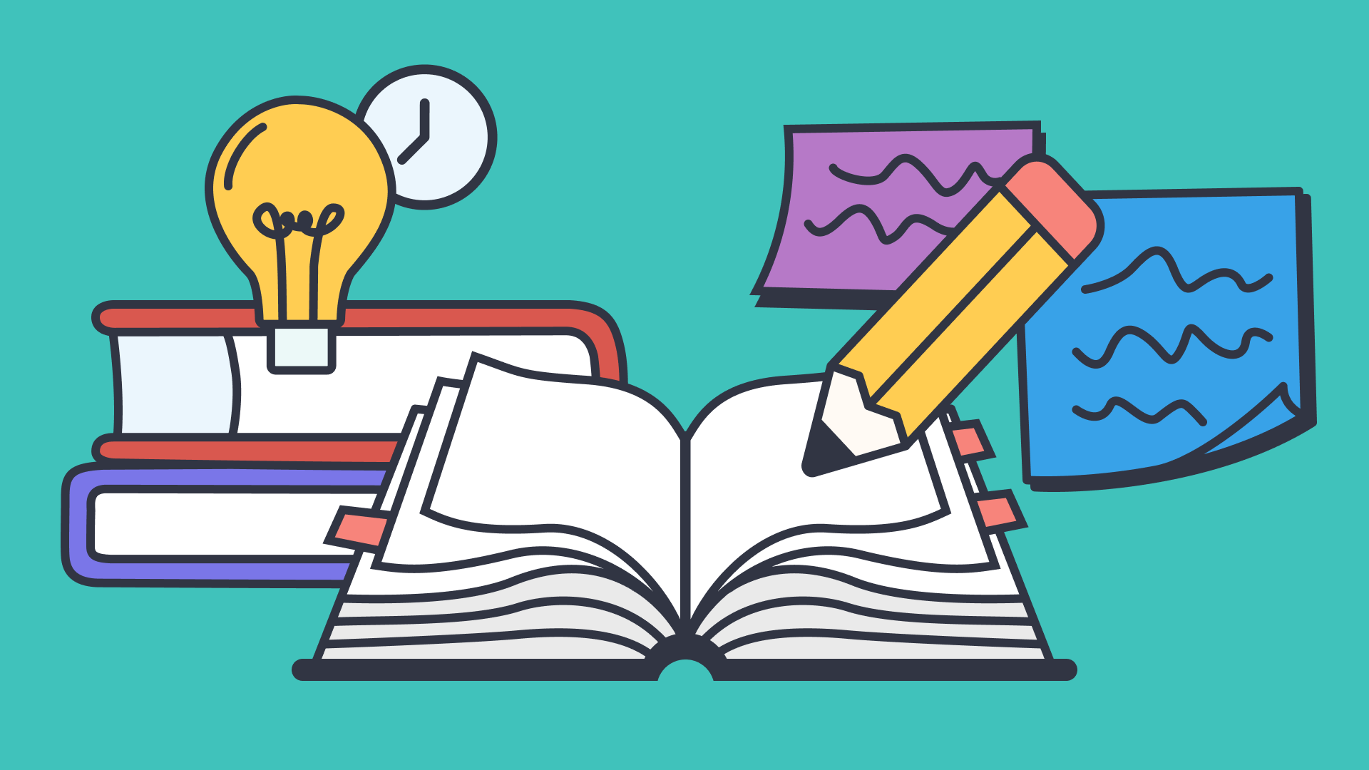 Graphic of a student study setup with text books, notes and lightbulb