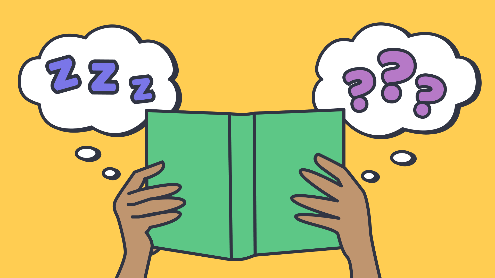 illustration of a student holding open a book with two speech marks reading 'zzz' and '???'