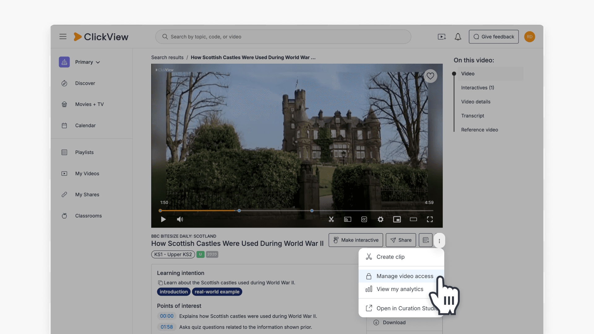 Manage video access drop down