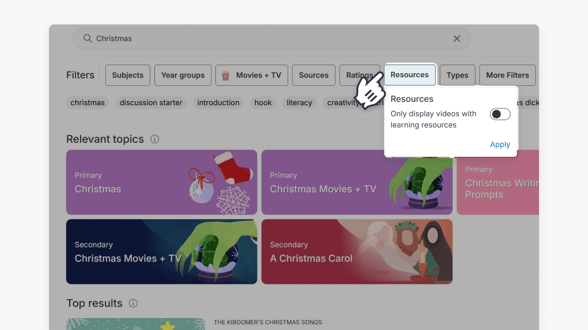 Locate and click the Resources search filter