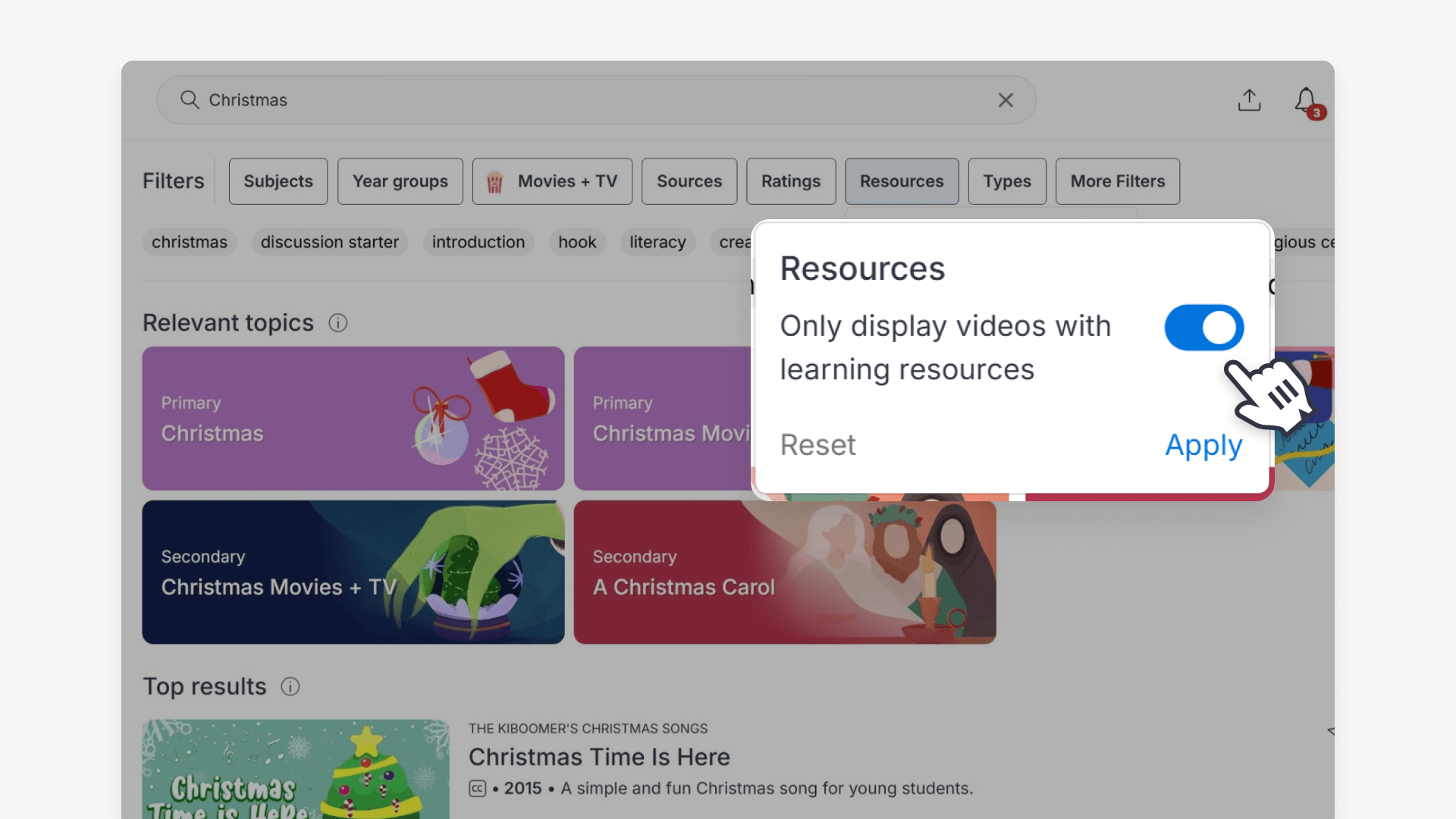 Hand pointing over the 'Only display videos with learning resources' toggle under the Resources filter