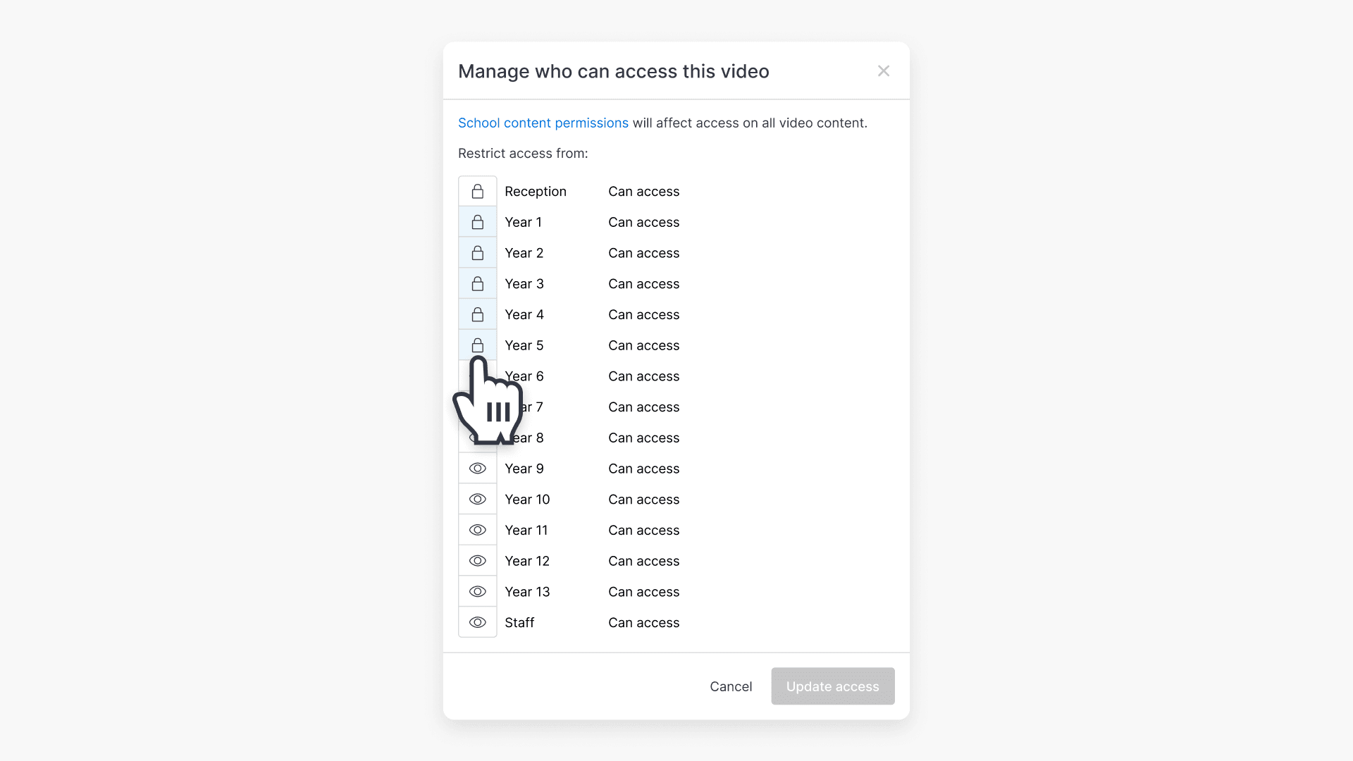 Manage access select