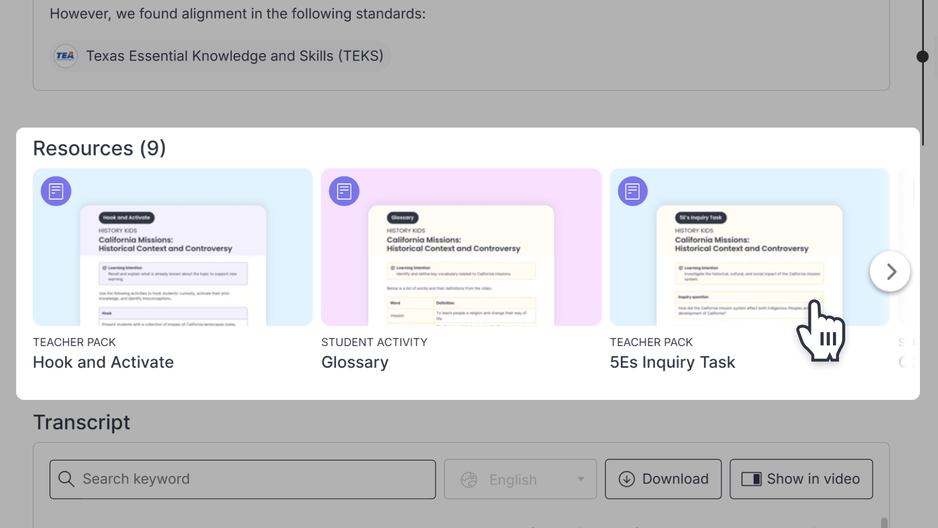Window highlighting the Resources section of a play page while hovering over a Teach Pack resource