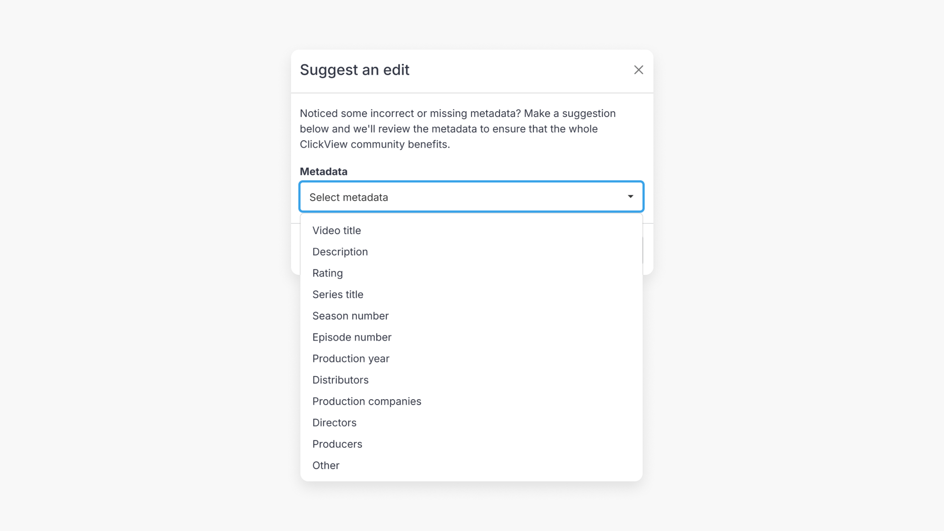 Window showing the options under the 'Metadata' field of 'Suggest an edit' pop-up window