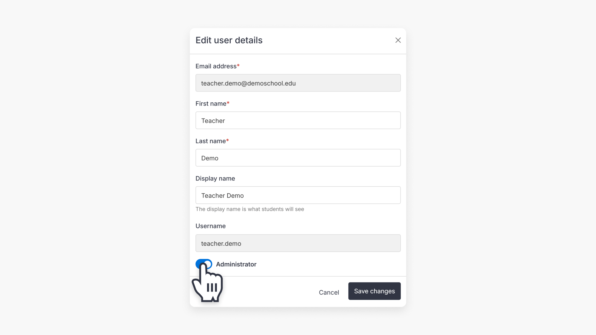 Hand hovering over the 'Administrator' toggle in the 'Edit user details' window