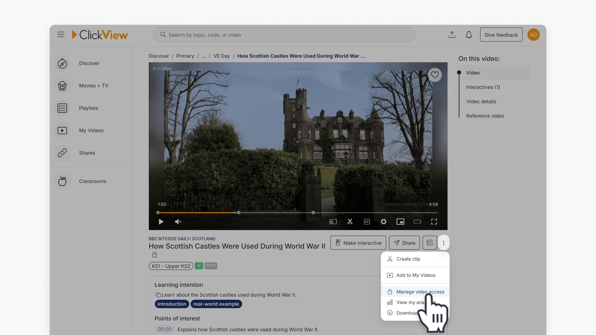 Manage video access drop down
