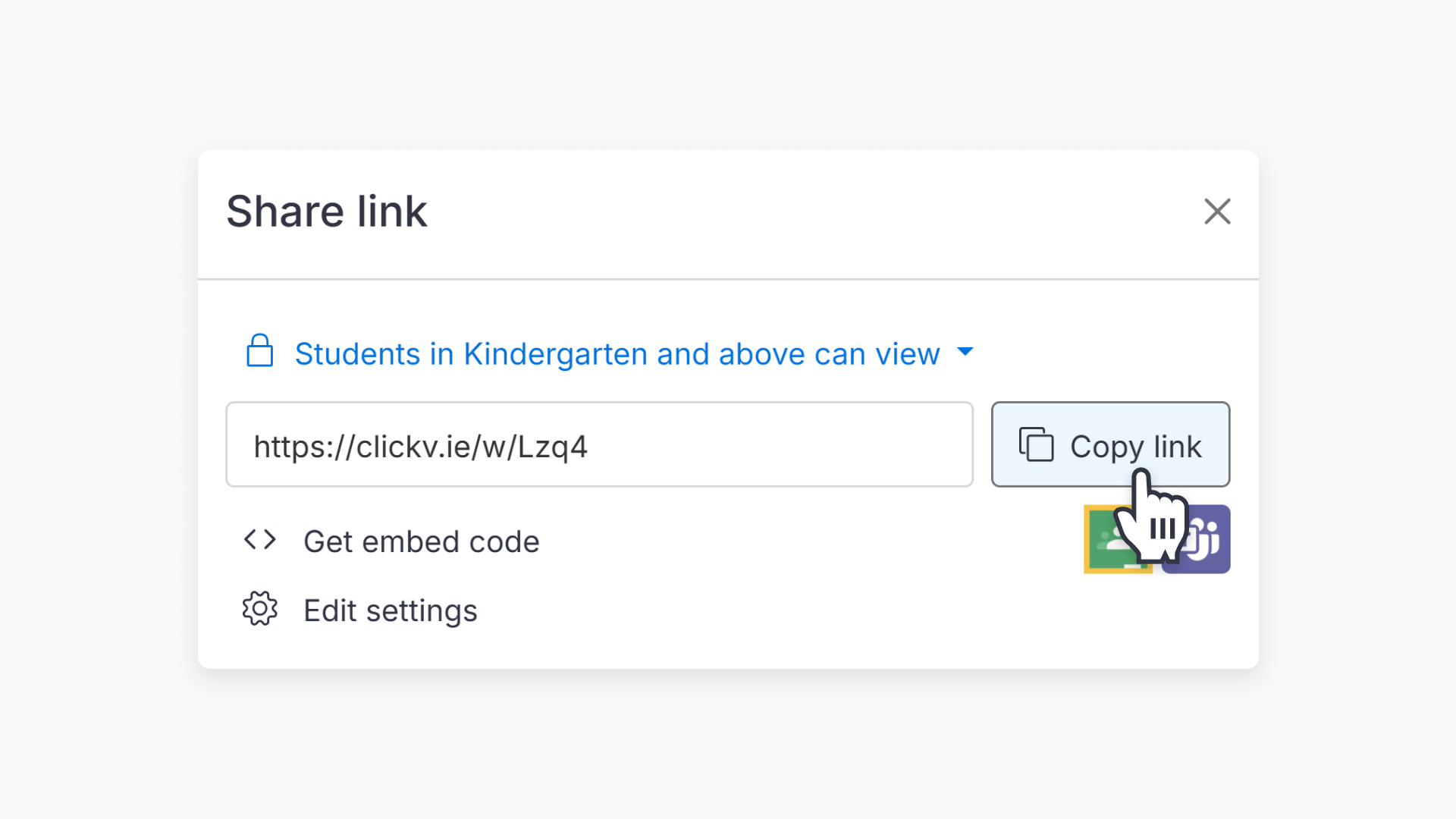 Hand pointing at the 'Copy link' button of Share link pop-up