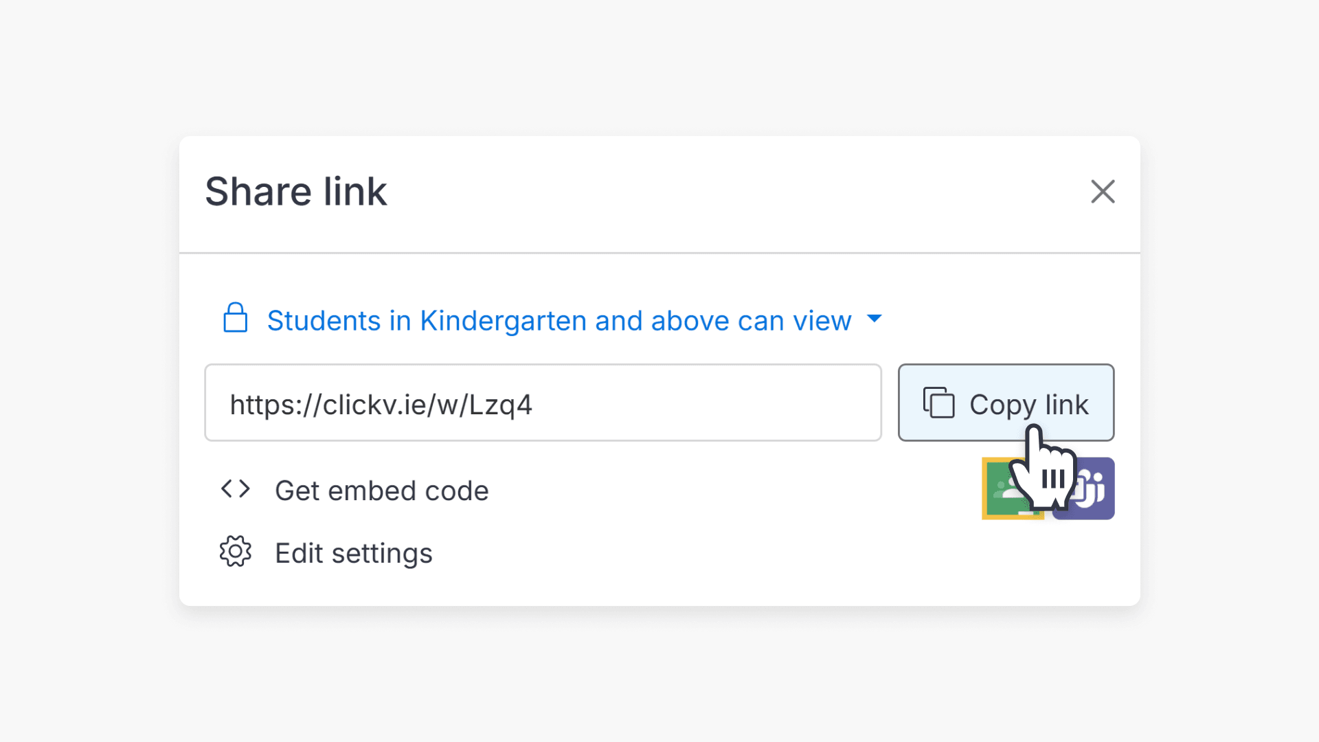 Hand pointing at the 'Copy link' button of Share link pop-up