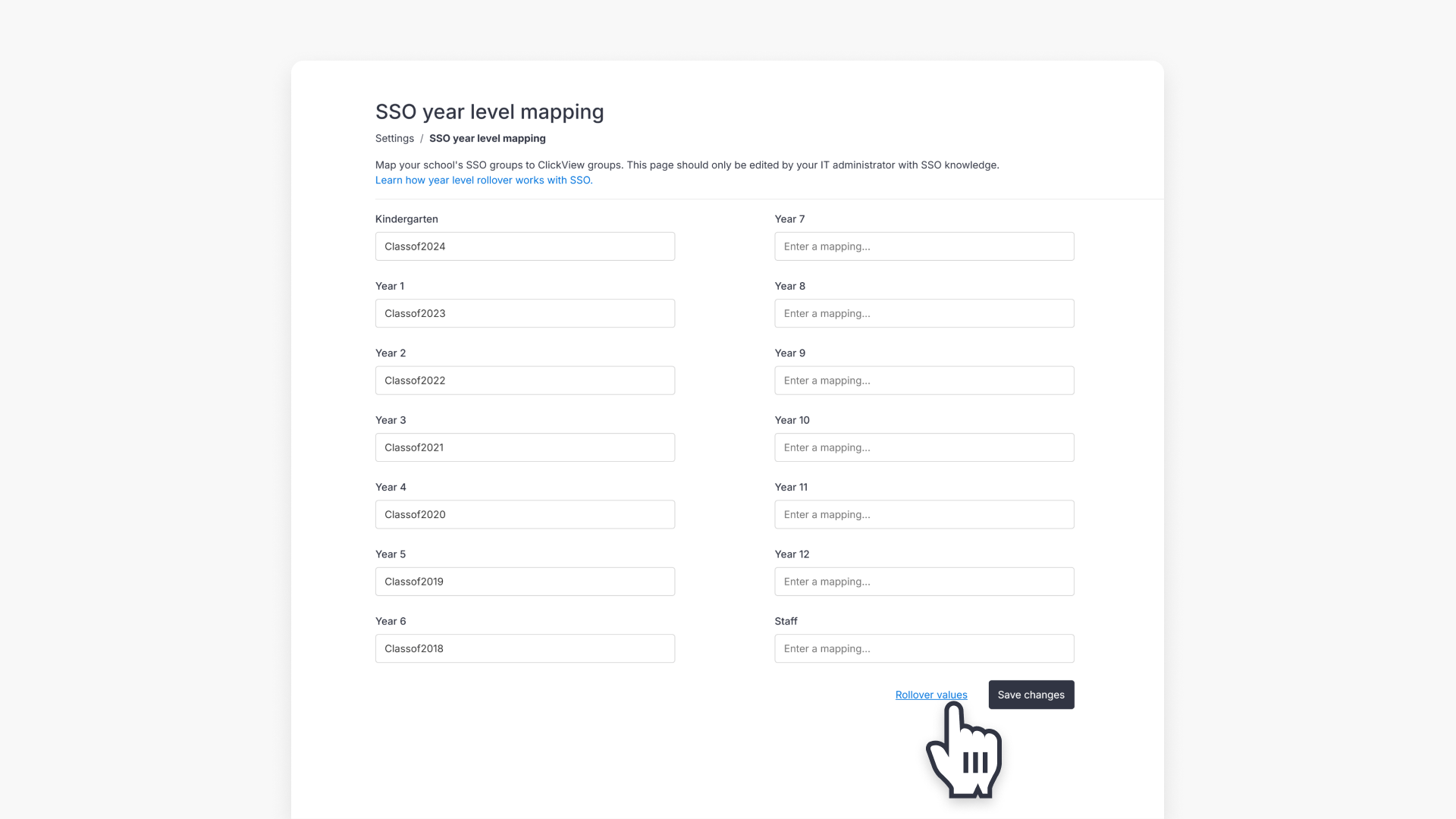 Cursor pointing at the rollover values link hero